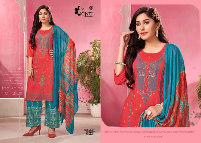 Palladium Vol 6 By Kinti Rayon Foil Printed Kurti Palazzo With Dupatta Wholesale Market In Surat
